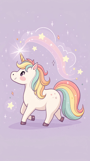 Unicorn,Gökkuşağı,Fantezi,Büyülü,Sevimli,Çizgi Film,Yıldızlar,Parıltı,Kawaii,Mitolojik