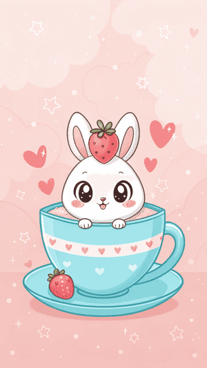 SevimliTavşan,Fincan,Çilek,Kawaii,Sevimli,Pembe,Çizgi Film,Kalp,Tatlı,Keyifli