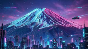 Neon ışıklar ve aşağıda fütüristik bir şehirle karlı bir dağın siberpunk yorumu. — 1366x768 Duvar Kağıdı