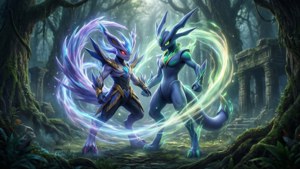 Zacian ve Zamazenta sisli Uyku Ormanı'nda — Pokemon kılıç ve kalkan Duvar Kağıdı