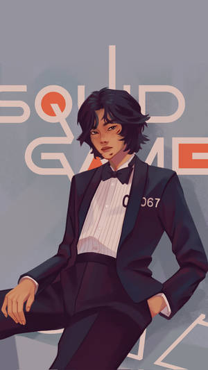 Siyah smokinli 067 numaralı oyuncu Squid Game duvar kağıdı — 067 oyun Duvar Kağıdı
