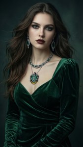 Zarif Slytherin temalı moda portresi.