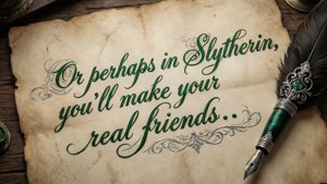 Slytherin seçme alıntısının yer aldığı bir parşömen.