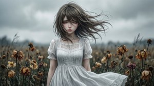 Solgun bir tarlada, üzgün ve rüzgarla savrulan bir anime kızı. — Üzgün anime GIF Duvar Kağıdı