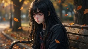 Üzgün bir anime kızı, sonbahar yaprakları dökülürken bir park bankında tek başına oturuyor ve sessizce ağlıyor.