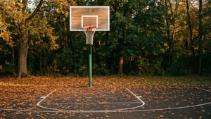 Altın saatte sonbahar yapraklarıyla kaplı açık hava basketbol sahası. — Basketbol GIF Duvar Kağıdı