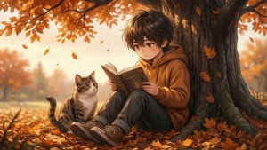 Bir ağacın altında sonbaharda kediyle kitap okuyan anime çocuğu. — Anime çocukları Duvar Kağıdı