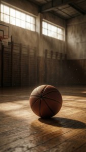 Güneş ışığı ve nostaljiyle yıkanmış ahşap zeminde yalnız bir basketbol topu. — Basketbol GIF Duvar Kağıdı