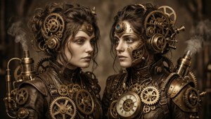 Karmaşık mekanik detaylara sahip steampunk esintili İkizler, benzersiz bir duvar kağıdı için mükemmel. — 1366x768 Duvar Kağıdı
