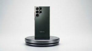S24 Ultra, bir kaide üzerinde ürün stüdyosu çekiminde, temiz beyaz arka plan.