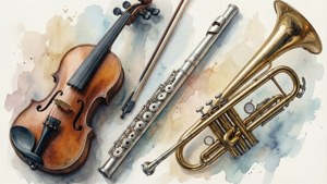 Pastel tonlarda keman, flüt ve trompetin sanatsal suluboya kolajı. — Müzik estetiği Duvar Kağıdı