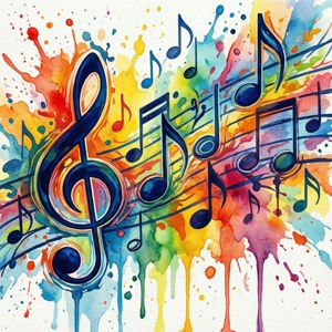 Renkli sıçramalarla soyut suluboya müzik notaları. — Müzik estetiği Duvar Kağıdı