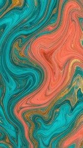 Sıvı mermer soyut, teal, mercan ve altın dalgalarıyla sanatsal ve canlı.