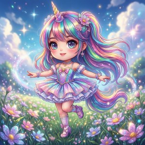 Chibi tek boynuzlu at anime kızı, ışıltılı bir alanda dans ediyor. — İlkbahar Duvar Kağıdı