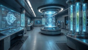 Ultra geniş açıda hologramların bulunduğu fütüristik laboratuvar.