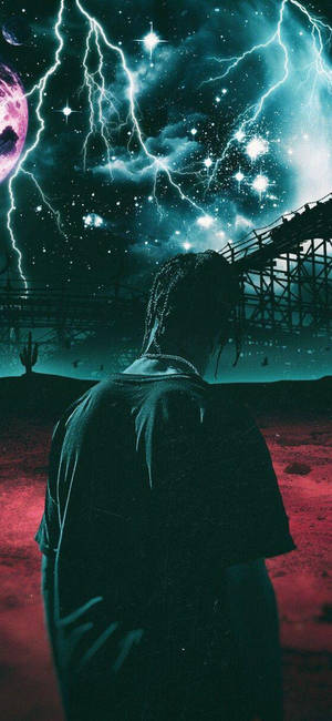 Travis Scott ve şimşekli arka planın estetik görseliyle Astroworld duvar kağıdı.