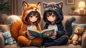 İki anime çocuğu, hayvan kostümleriyle rahat bir kanepede birlikte kitap okuyor. — Anime çocukları Duvar Kağıdı