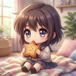Chibi Ushio mutlu bir şekilde yıldız şeklinde bir kurabiye tutuyor