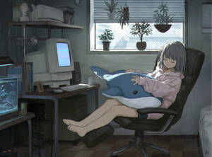 Uyuyan Anime Kızı ve Dizüstü Bilgisayarı — Anime laptop Duvar Kağıdı