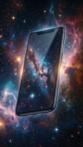 iPhone XR'ın yıldızlar ve bulutsular arasında süzüldüğü, kozmik ve gerçeküstü bir duvar kağıdı. — iPhone XR Duvar Kağıdı