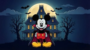 Mickey Fare, düz vektör stili ve perili köşk ile bir vampir olarak.