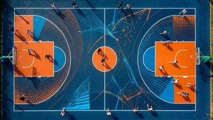 Soyut geometrik basketbol sahası, canlı renkler ve veri görselleştirme ile. — Basketbol GIF Duvar Kağıdı