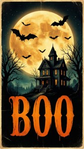 Ay, yarasalar, perili ev ve BOO yazısı içeren retro poster