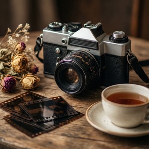 Film negatifleri ve kurutulmuş çiçeklerle vintage kamera. — Indie estetiği GIF Duvar Kağıdı