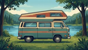 Yaz yolculuğu havası için retro vektör karavan duvar kağıdı.