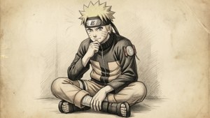 Naruto, klasik bir kurşun kalem çizimi tarzında, sakin bir şekilde otururken düşünceli bir ifadeyle çizilmiş, nostalji uyandırıyor. — Naruto Duvar Kağıdı