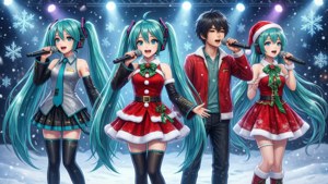 Vocaloid karakterlerinin karlı sahnede Noel konseri vermesi