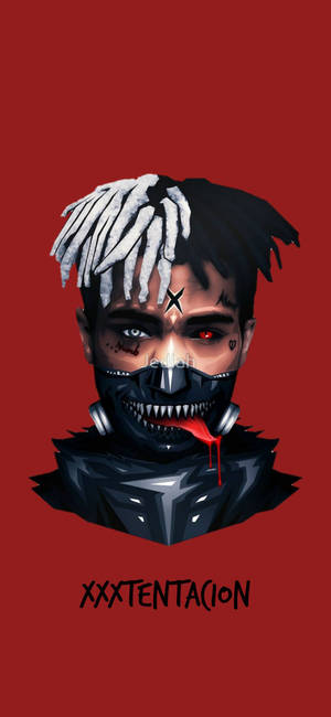 XXXTentacion'ın diş gösteren maskesi ve kırmızı arka planı olan duvar kağıdı. — iPhone 12 Pro Duvar Kağıdı