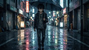 Üzgün bir anime çocuğu, gece yağmurlu bir şehir caddesinde tek başına yürüyor ve sırılsıklam oluyor.