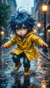 Mavi saçlı bir anime çocuğu, yağmurlu bir şehir sokağında bir su birikintisinde neşeyle su sıçratıyor. — Anime çocukları Duvar Kağıdı
