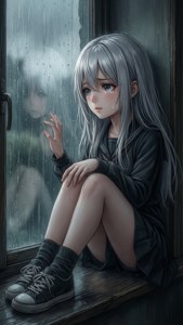 Üzgün bir anime kızı pencere kenarında oturuyor, yağmura bakıyor ve eli cama dokunuyor. — iPhone 8 Duvar Kağıdı