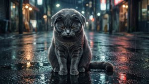 Yağmurda yalnız bir gri kedi — Animasyon kedi Duvar Kağıdı