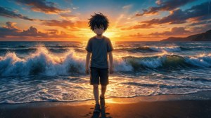 Gün batımında sahilde yalnız yürüyen üzgün bir anime çocuğu. — Üzgün anime GIF Duvar Kağıdı