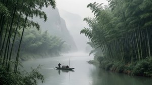 Sisli bir Yangtze Nehri, bambular ve yalnız bir balıkçı