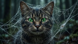 Cheshire Kedisi, parlayan gözleriyle bir örümcek ağına yakalanmış. — Cheshire Kedisi Duvar Kağıdı