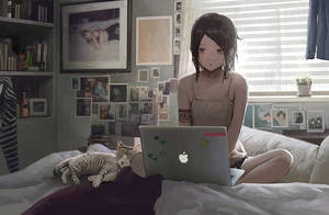 Yatakta Dizüstü Bilgisayarla Çalışan Anime Kızı — Anime laptop Duvar Kağıdı