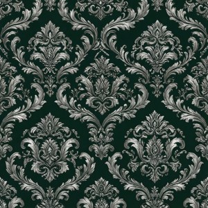 Koyu yeşil üzerine süslü gümüş damask deseni, asil bir Slytherin estetiği sunan duvar kağıdı.
