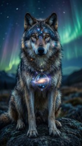 Bilge bir galaksi kurdu, galaksi kolyesiyle aurora gökyüzünün altında oturuyor. — iPhone 8 Plus Duvar Kağıdı