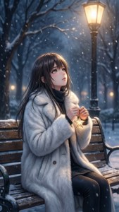 Sokak lambasının altında karda bankta oturan anime kızı