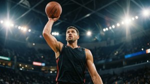 Alçak açılı sıçrayış çekimi, lens parlaması ve yoğun oyuncu ifadesiyle. — Basketbol GIF Duvar Kağıdı