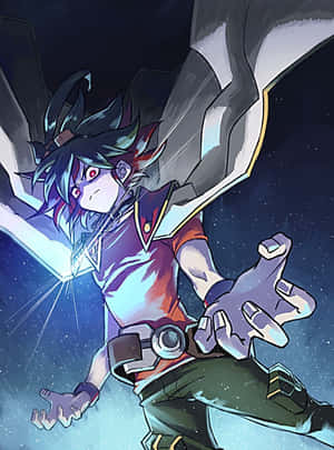 Yuya Sakaki, Duel Monsters kıyafetiyle dinamik bir poz veriyor — Kindle Duvar Kağıdı