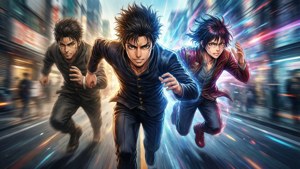Takemichi, canlı renklerle bölünmüş ekran efektiyle zamanda koşuyor. — Tokyo revengers Duvar Kağıdı