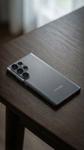 S24 Ultra, koyu ahşap bir masa üzerinde yumuşak ortam aydınlatmasıyla şık bir duvar kağıdı.
